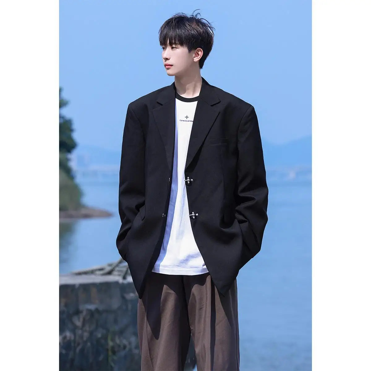 Advbridge Spring New Men Blazers Leisure Loose Suit Coat Men Metal Decoration Solid Color Blazer Jacket Fashion Black Suit Top Clothes