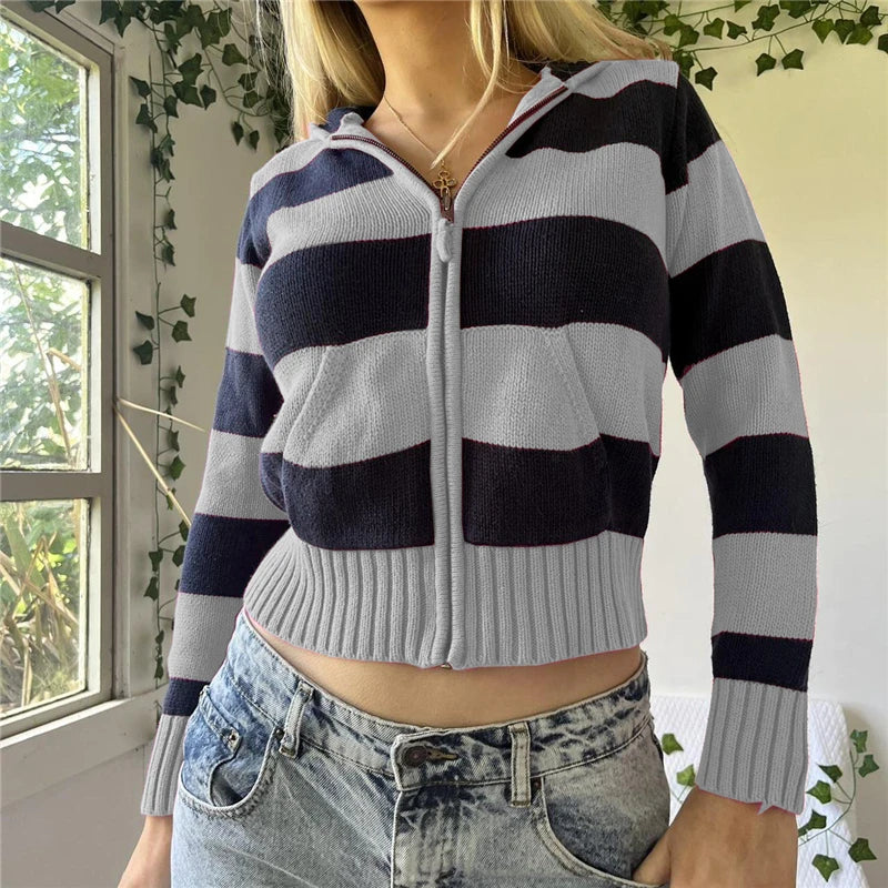 Advbridge y2k Aesthetic Zip Up Hoodie Women Emo Striped Long Sleeve Knitted Crop Tops with Pockets Grunge Sweatshirt Streetwear