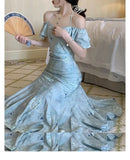 Advbridge Elegant Evening Party Midi Dresses for Women Summer French Vintage Halter Print Mermaid Slim Female Clothes Blue Dress Robe