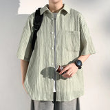 ADVBRIDGE  -  Men's Vertical Stripe Lapel Textured Loose-Fit Short Sleeve Shirt Casual Breathable Top Comfortable Wear, Trendy Summer Style