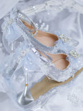 French Lolita Elegant Palaca Girl Shoes Noble Gentle Tea Party Lace Bowknot Pearls Gems Wedding Pointed Sandals 8cm High Heeled