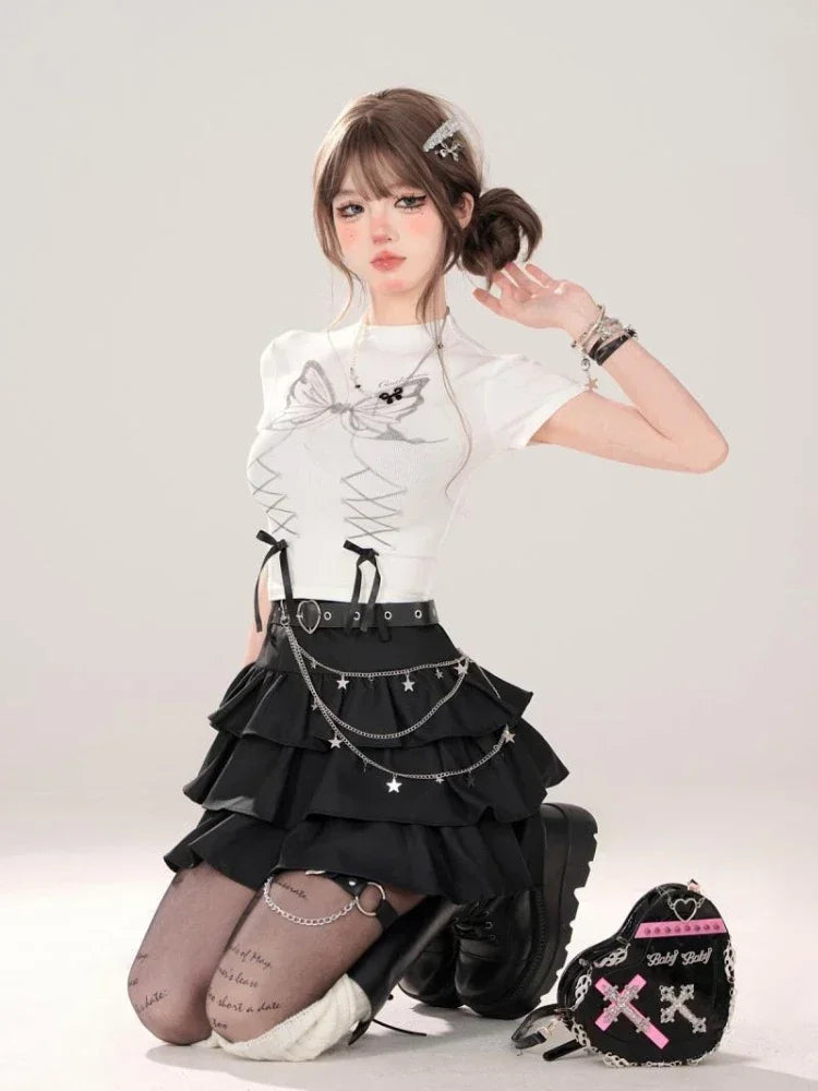 Advbridge Black Gothic Mini Skirts Women Punk Y2k Grunge Short Skirt Korean Harajuku Kawaii 2000s A-line Cake Skirts Aesthetic