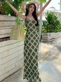 ADVBRIDGE  -  Summer Green Plaid Suspender Dress Women Summer Sleeveless V-neck Sexy Hip-wrapped Long Dress