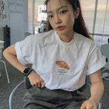 Advbridge Sweet Croissant Print O-neck Cotton T-shirts Summer New Mid-length Loose Tee Shirt Y2k Grunge Short Sleeve White Tops Women
