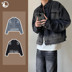 Advbridge Mens Hip-hop Denim Jacket Gradient Rough Edge Shoulder Pads Cowboy Coat Single Breasted Short Fashion Casual Men Outwear New