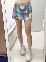 ADVBRIDGE  -  Kawaii Fruit Printed Blue Half Skirt American Style Sweetheart Checkered Short Skirt Cute Y2k Girl Fashion A-line Skirt