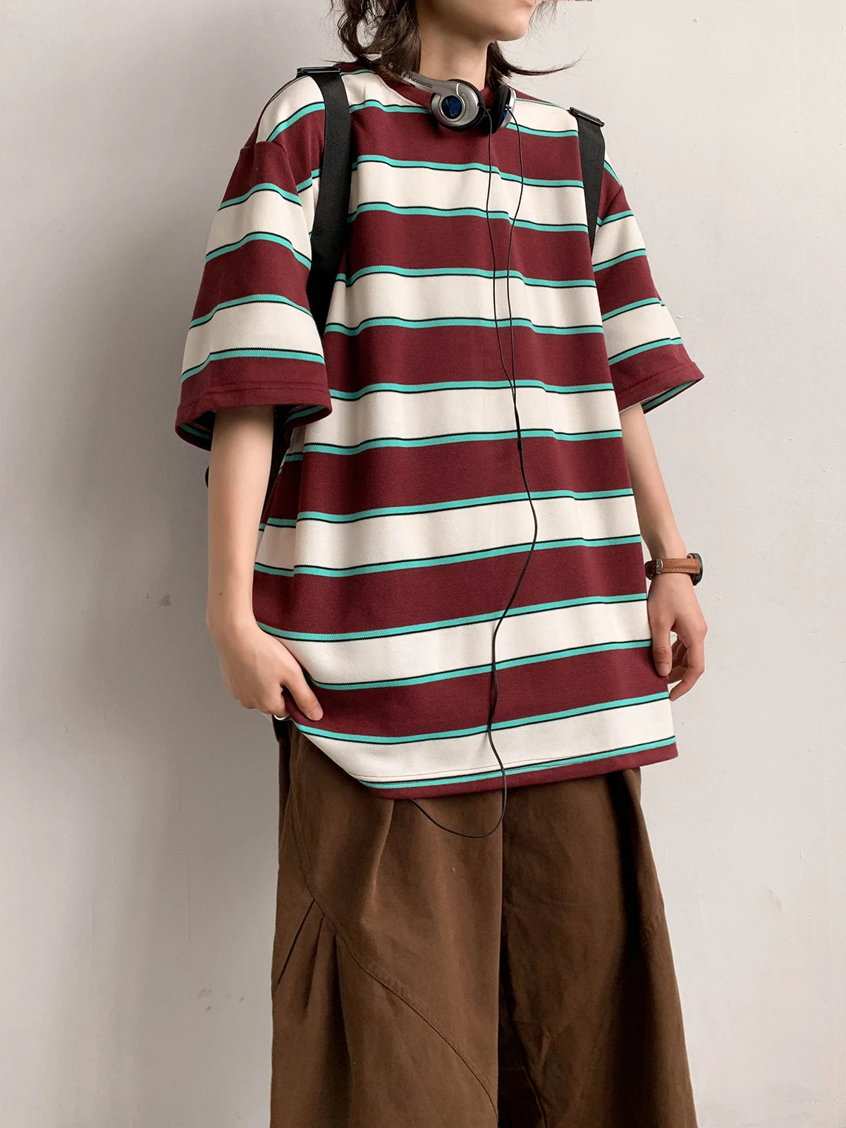 ADVBRIDGE  -  Heavy Cotton Men's Short Sleeve T Shirt Striped Summer Cotton Bottom Shirt Half Sleeve Long Fleece Cotton T Shirt Q250