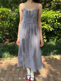 ADVBRIDGE  -  Navy Plaid Vintage Midi Dress Women Summer Elastic Waist A-line Cotton Ruffles Lace-up Vestido Sweet Cute Long Camis Dresses New