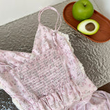 ADVBRIDGE  -  Summer Gentle Spaghetti Strap Chiffon Dress Women Korean V-Neck Lace Splicing Print Slim Long Dresses Pink Female Clothing