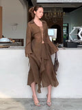ADVBRIDGE  -  Lace Up V-Neck Shirt Ruffle Skirt Women Set Strings Lapel Sexy Waist Cinched Slimming Blouse Top Irregular Long Skirts Suit New