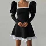 Advbridge Spring Autumn Waist Slim Female Dress Sexy Women Puff Sleeve Ruffles Dresses French Lady  Square Collar Pleat Party Dress