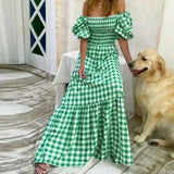 Advbridge  -  Fashion Square Neck Puff Short Sleeve Long Dress Women Elegant Plaid Print Pleated Robe Dress 2024 Casual High Waist Party Dress