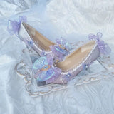 Advbridge Court Retro Style Sweet Lolita Cosplay Flower Wedding Elegant Tea Party Girl Bow Pearl Lace 6cm Purple Dream High Heeled Shoes