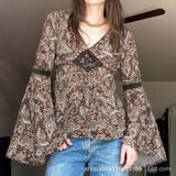 ADVBRIDGE  -  New American Sweet Fashion V Neck Flare Long Sleeve T Shirt Y2k Aesthetic Harajuku Temperament Print Tops A-line Punk Clothes