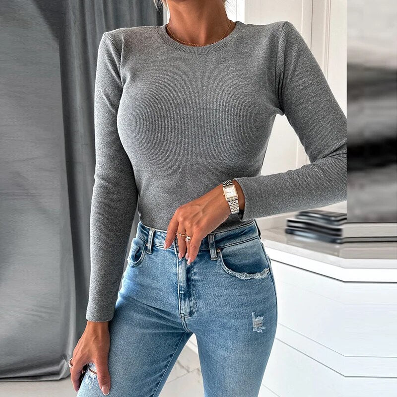 Advbridge OL Style Rib Long Sleeve Jumper Knitting Autumn Slim Women Basic Office Knit Pullovers  Winter Solid Round Neck Sweaters