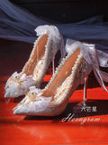 Advbridge Elegant Retro Lolita Court Style Lolita Flower Wedding Gorgeous Satin Bow Pearl Gem Ribbon Bowknot 7.5-10.5cm High Heels Shoes