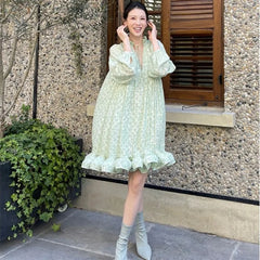 Advbridge  -  Vintage Print Dress Autumn/Summer French Premium Design Feel Loose Ruffle Edge Bubble Sleeves Kawaii Mini Dress