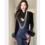 Advbridge Autumn Winter Bodycon Velvet Dress Chinese Style Long Sleeve Stand Collar Embroidery High Split Party Dresses Female Vestidos