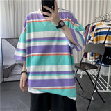 Advbridge Summer Loose Casual Oversized Men's Clothing Hong Kong Breeze Striped Printed Short Sleeve Round Neck Trend All-match T-shirt