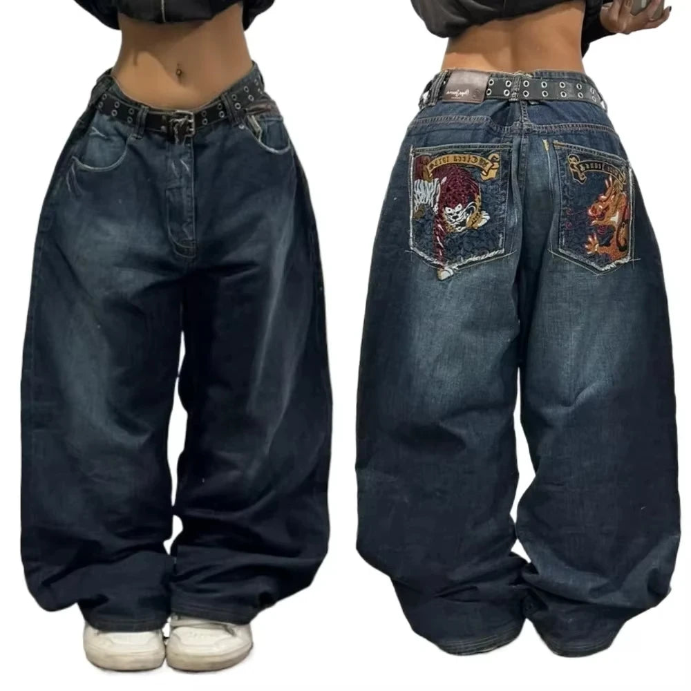 Advbridge Y2K Fashion New Oversized Letter Embroidery Old Washed Jeans Women Harajuku Vintage Hip Hop High Waist Wide Leg Pants Streetwear