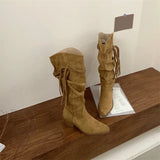 ADVBRIDGE  -  Western Style Fashion Hemp Tassel Knee High Boots Women Winter Street Pointed Toe Cowboy Boots Low Thick Heels Long Shoes