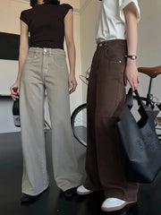 Advbridge Vintage Women High Waist Wide Leg Loose Casual Jeans Basic Y2K Fashion Pocket Zipper Denim Pants Coffee Khaki Trousers 2024 New