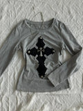 Advbridge Vintage Gothic T-shirts Women Harajuku Aesthetic 90s Gyaru Streetwear Punk Style Long Sleeve Gray Tops Y2k Grunge Slim