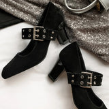 ADVBRIDGE  -  Women's natural suede leather 7cm thick high heel metal buckle slip-on Mary Jane pumps elegant ladies OL style daily dress shoes