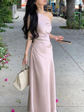 ADVBRIDGE  -  French Elegant Chic Women's Dresses Solid Satin Inclined Shoulder Pleated Slim Wasit Mermaid Dress Party Prom Female Clothes New