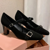 ADVBRIDGE  -  Women's natural suede leather metal buckle slip-on Mary Jane pumps 7cm thick high heel square toe elegant ladies heeled shoes