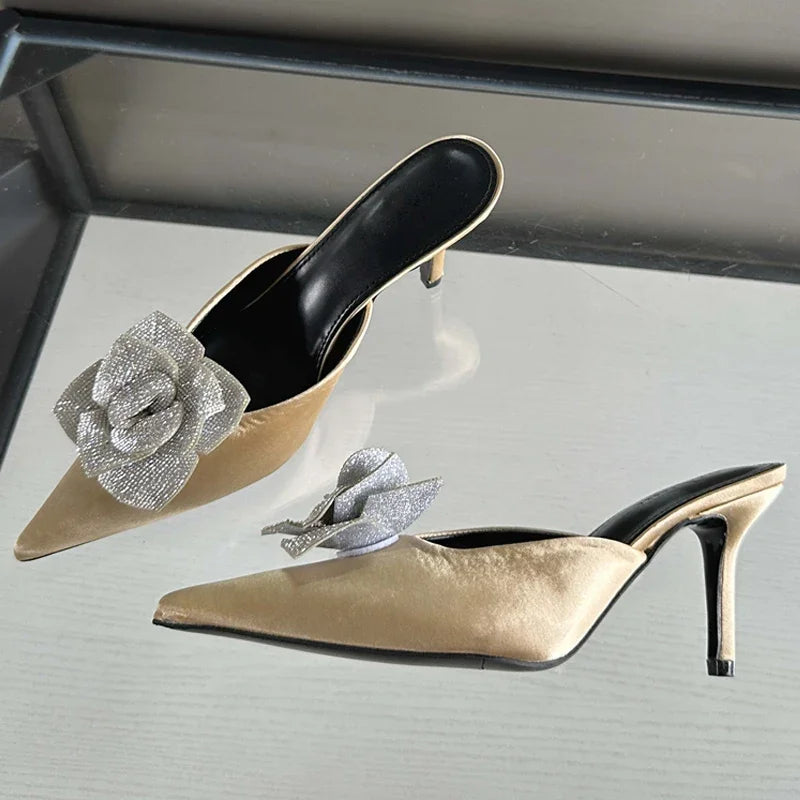 ADVBRIDGE  -  Designer CRYSTAL Flower Silk Pointed Toe Women Slippers Fashion Thin Heels Party Dress Ladies Mule Shoes