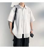 ADVBRIDGE  -  Men's Vertical Stripe Lapel Textured Loose-Fit Short Sleeve Shirt Casual Breathable Top Comfortable Wear, Trendy Summer Style