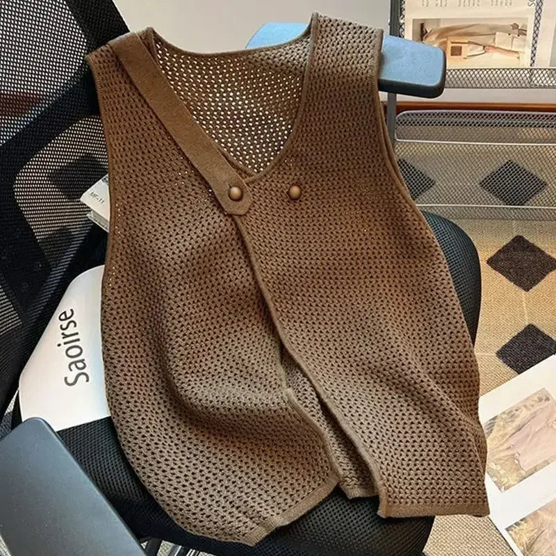 ADVBRIDGE  -  Fashion Design Two Button Knit Vest Women Summer New Hollow Sleeveless Sweater Vest Loose Tank Tops Y2k Clothes