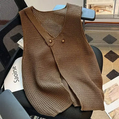 ADVBRIDGE  -  Fashion Design Two Button Knit Vest Women Summer New Hollow Sleeveless Sweater Vest Loose Tank Tops Y2k Clothes