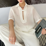Advbridge Mens Sexy Perspective Low-Cut Shirt Genderless 2024 New Nightclub Personalized Versatile Solid Color Short-Sleeved Top Unisex