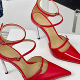 ADVBRIDGE  -  Fashionable High-Heeled Sandals Women's Sexy Metal Thin Heel Pointed Toe Bright Surface Rubber Bottom Single Shoes Korean Style