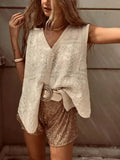 ADVBRIDGE  -  Crochet Embroidery Cardigan Vest Women V Neck Single Breasted Waistcoat Summer Beach Holiday Casual Sleeveless Outerwear 2025