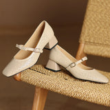 ADVBRIDGE  -  Plus size 34-41 women's hollow-out sheepskin sweet bowtie metal buckle slip-on pumps 4cm thick med heel elegant ladies heels hot