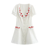 ADVBRIDGE  -  Single Breasted White Elegant V Neck Slim Button Women Min Wave Dress Petal Sleeve Dress Summer Skinny Flower Embroidery French
