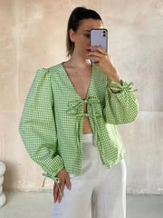 Advbridge Long Sleeve Bowknot Tie Up Plaid Women Blouse Shirt V Neck Casual Summer New Chic Green Top Female Black Blusa Mujer