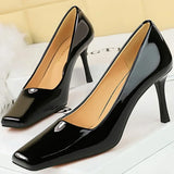 Advbridge Fashion Women 8.5cm High Heels Pumps Brown Glossy Leather Shallow Stiletto Heels Lady Wine Red Nude Office Square Toe Prom Shoes