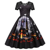 Advbridge Lace Retro Halloween Dress Women Costumes Short Sleeve 50S 60S Vintage Party Dresses Skull Witch Scary Holloween Clothes Cosplay