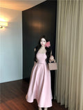 ADVBRIDGE  -  Spring Summer 2025 Pink Elegant Evening Woman Dress French Bow Pleated Square-Collar Length Dresses Abend Kleider New Vestidos