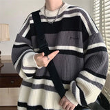 Advbridge Striped Sweater Men's Japanese Loose Retro Student Contrasting Base Shirt Round Neck Knit Jacket Men's Handsome