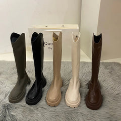 Advbridge Leather Long Boots Chunky Martin Boots Spring and Autumn New Style Back Zipper British High-cut Knee Length Boots