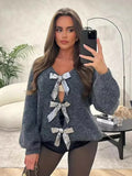 Advbridge Casual Sequin Bow Knitted Sweater Women Lace Up Deep V-neck Long Sleeve Female Cardigan 2024 Fall Hollow Out Lady Solid Y2k Tops