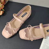 ADVBRIDGE  -  Leather Mesh Patchwork Designer Mary Jane Shoes Woman Elegant Red Bow Square Toe Ballet Flats Comfortable Breathable Flat Shoes