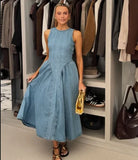 ADVBRIDGE  -  Casual Backless Denim Long Dress Fashion Lace Up Sleeveless Pleated Zipper Gown New Women Summer Highstreet Holiday Dresses 2025