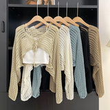 Advbridge 1Pcs Summer Fashion Lace-up V-neck Long Sleeve Hollow Knitted Cardigan Women's Crop Top