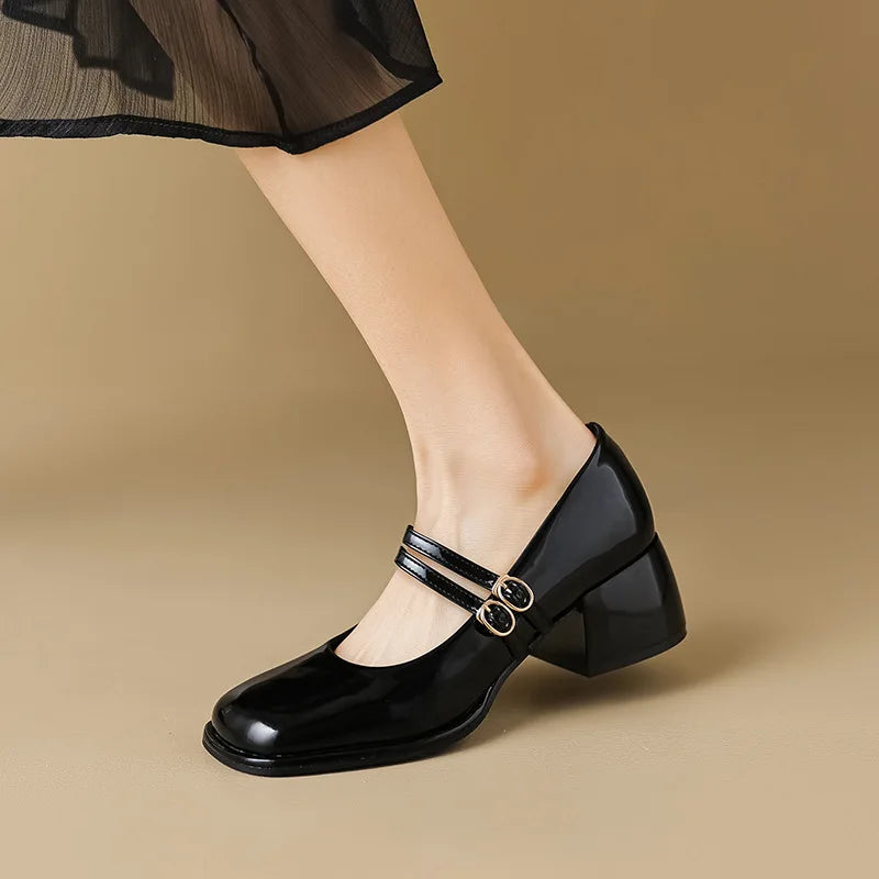 Advbridge Large Size 34-43 Mary Jane Shoes Women Block Heel Patent Leather Black Shoes